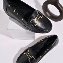 Shoetopia Metal Applique Detailed Slip On Loafers - Black-picture-30