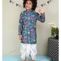BAATCHEET Cotton Woven Full Sleeves Animals Printed & Threadwork Embroidered Dhoti Kurta Set - Navy Blue-picture-10