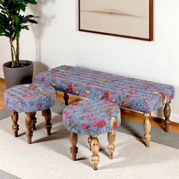 Ikiriya Cairo Sheesham Wood Mid Century 3 1 1 Seater Bench / Settees / Recamiers with 2 Stools in Grey Brid Print Kantha-picture-21