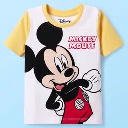 Babyhug Disney Single Jersey Knit Half Sleeves T-Shirt & Short Set With Mickey Mouse Print - Yellow & White image 2