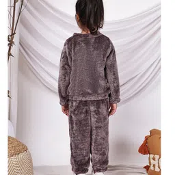 NEUDIS Fleece Knit Full Sleeves Fur Detailed Top & Trousers Set - Charcoal Grey image 3