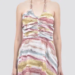 CAMLA Women Abstract Print Halter Neck Georgette Fit & Flare Dress image 3