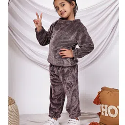 NEUDIS Fleece Knit Full Sleeves Fur Detailed Top & Trousers Set - Charcoal Grey image 4