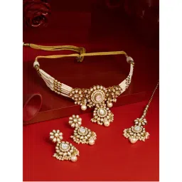 Zaveri Pearls Gold Tone Kundan Pearl Choker Necklace Earring Maangtikka Set-ZPFK19087-picture-12