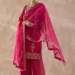 Indo Era Ethnic Motifs Embroidered Round Neck Zari Kurta With Palazzos & Dupatta image 2