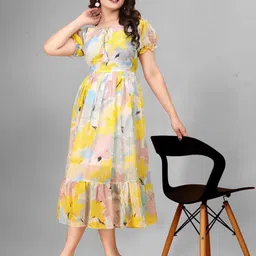 GROMint Women Floral Printed Tie-Up Neck Puff Sleeve Fit & Flare Midi Dress image 3