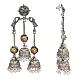 Anvik Silver-Plated Artificial Stones Studded & Beaded Dome Shaped Jhumkas image 4