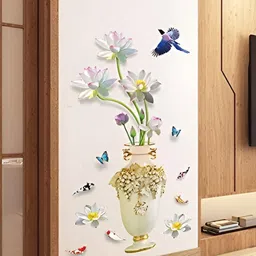 Asian royal White & Pink Floral Vase Printed Waterproof Wall Sticker-image-97