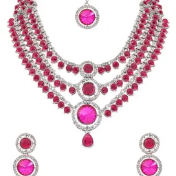 I Jewels Silver Plated Artificial Stones Studded Layered Necklace With Earrings image 3