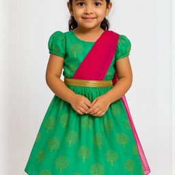 My Lil Princess Girls Green & Pink Floral Print Fit & Flare Dress-picture-13
