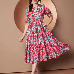 OTABU Women Floral Printed Mandarin Collar Puffed Sleeve A-Line Midi Dress-image-81