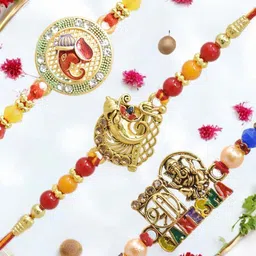 MEIRA JEWELLERY Set Of 3 Religious Ganesha Rakhis With Greeting Card & Roli Chawal-picture-20