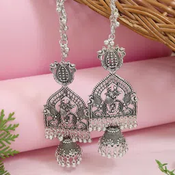 I Jewels Silver-Plated Artificial Beaded Oxidised Dome Shaped Jhumkas With Earchain-picture-29