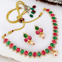 LUCKY JEWELLERY Gold-Plated Stone-Studded & Beaded Jewellery Set-picture-23