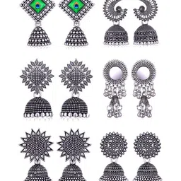 Sangria Set Of 6 Silver Plated Oxidized Jhumka Earrings-picture-33