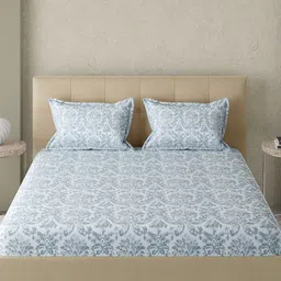GM Blue & White Floral 300 TC King Bedsheet with 2 Pillow Covers image 2