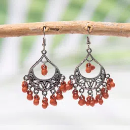 creative frogs Set of 2 Oxidized Silver-Toned Chandbali Earrings with Orange & Brown Beads & Girls image 5
