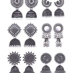 MEENAZ Set Of 6 Silver-Plated Stones Studded & Beaded Dome Shaped Oxidised Jhumkas-image-59