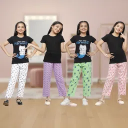 YK Girls Pack Of 4 Printed Cotton Straight-Leg Lounge Pants-picture-55