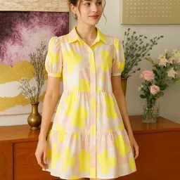 De La Moda Women Abstract Printed Puff Sleeves Shirt Above Knee Dress-picture-27