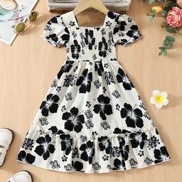 TOONKY Girls Solid Floral Printed Smocked Fit & Flare Midi Dress-picture-7