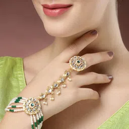 Anouk Women Brass Kundan Handcrafted Gold-Plated Ring Bracelet image 5