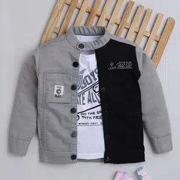 Ministitch Boys Colorblocked Mandarin Collar Lightweight Denim Jacket With T-shirt-picture-13