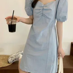 DressBerry Women Solid Sweetheart Neck Puff Sleeves A-Line Knee Length Dress image 2