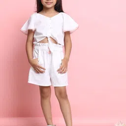 SAKA DESIGNS Girls Self Design V-Neck Front Knot Top With Shorts image 4