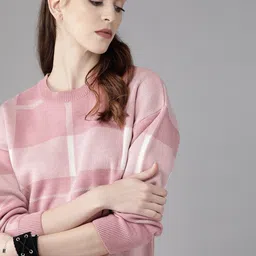 roadster Women Self Design Round Neck Pink Sweater-picture-13