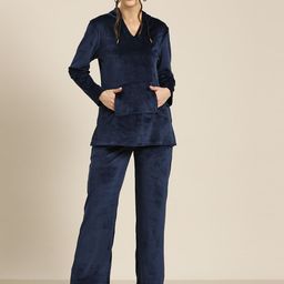 Qurvii Women Solid Velvet Hooded Top with Trousers-picture-5