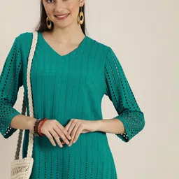 Sangria Teal Embroidered Ethnic A-Line Dress-picture-41
