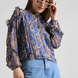 Only Blue Cotton Printed Top-image-0
