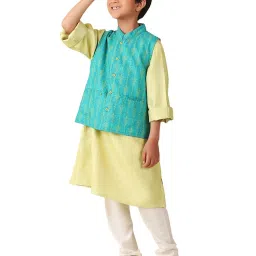 Fabindia Kids Multicolor Printed Full Sleeves Kurta, Nehru Jacket with Pyjamas image 4