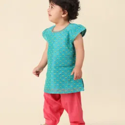 Fabindia Kids Teal & Pink Printed Kurta with Salwar image 4