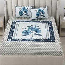 JaipurFabric Grey & Blue Cotton 180 TC Block Printed Bedsheet with 2 Pillow Covers-picture-13