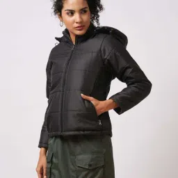 Globus Women Black Mock Neck Front Zip Reversible Winter Wear Puffer Jacket With Detachable Hoodie image 3