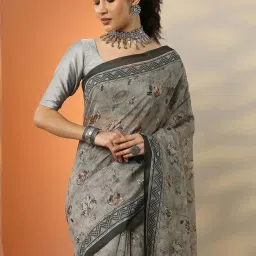 Libas Grey Floral Print Saree With Unstitched Blouse image 4