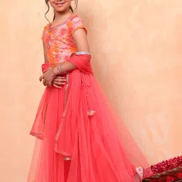 BIBA Girls Orange & Coral Embellished Lehenga, Choli with Dupatta image 4