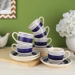 VarEesha Indigo Blue Ceramic Tea Cups with Saucers (130 ml) - Set of 6-picture-46