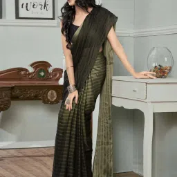 Satrani Army Green & Olive Green Striped Saree With Unstitched Blouse image 4