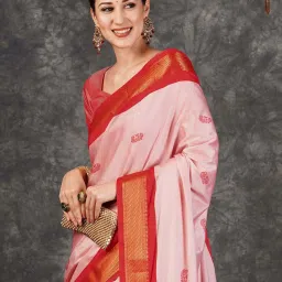 Satrani Light Pink & Red Silk Woven Saree With Unstitched Blouse image 4