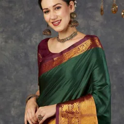 Satrani Olive Green & Dark Marron Saree With Unstitched Blouse image 4