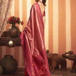 Satrani Salmon Pink & Maroon Woven Saree With Unstitched Blouse image 4