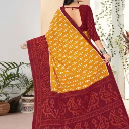 Satrani Turmeric Yellow & Maroon Pure Cotton Printed Saree With Unstitched Blouse image 4