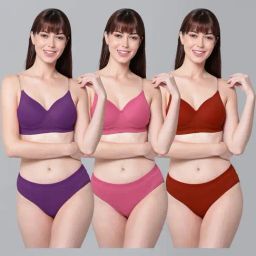 AROUSY Purple & Pink Cotton Bra Panty Set - Pack Of 3-picture-3