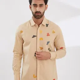 HE SPOKE Beige Cotton Lycra Tailored fit Print Casual Shirt-picture-38