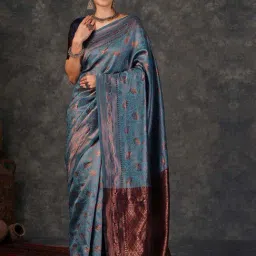 Satrani Blue Silk Woven Saree With Unstitched Blouse-image-81