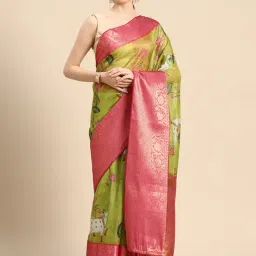 Silk Land Green & Pink Printed Saree With Unstitched Blouse-image-45