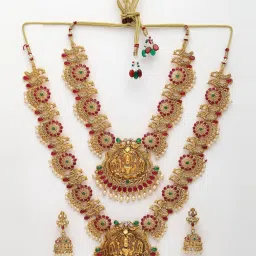 NVR Gold Plated Green & Pink Stone Studded Peacock & Lakshmi Design Temple Jewellery Set Pack of 2 image 4